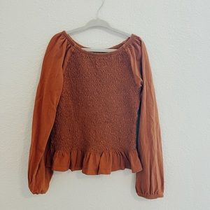 SOLD M/8 Old Navy Burnt Orange Ruffle Hem Shirred Long Sleeve Blouse